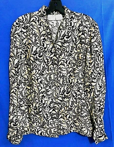 VTG JACQUELINE FERRAR Flowy SILK FLORAL SECRETARY Button Shirt/Top Black/Tan 8 - Picture 1 of 4