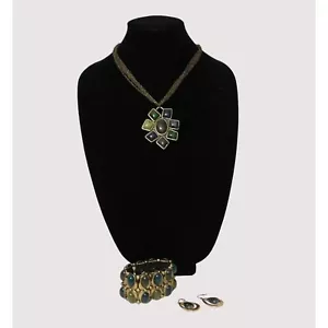 Set Necklace 16-19" Marble Pierced Fishhook Earrings Bracelet Bronze Green Blue - Picture 1 of 13