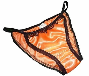 NARANJA Brillante SATÉN Bragas MINI TANGA Cuerda Bikini Negro Encaje Hecho en Francia - Imagen 1 de 1