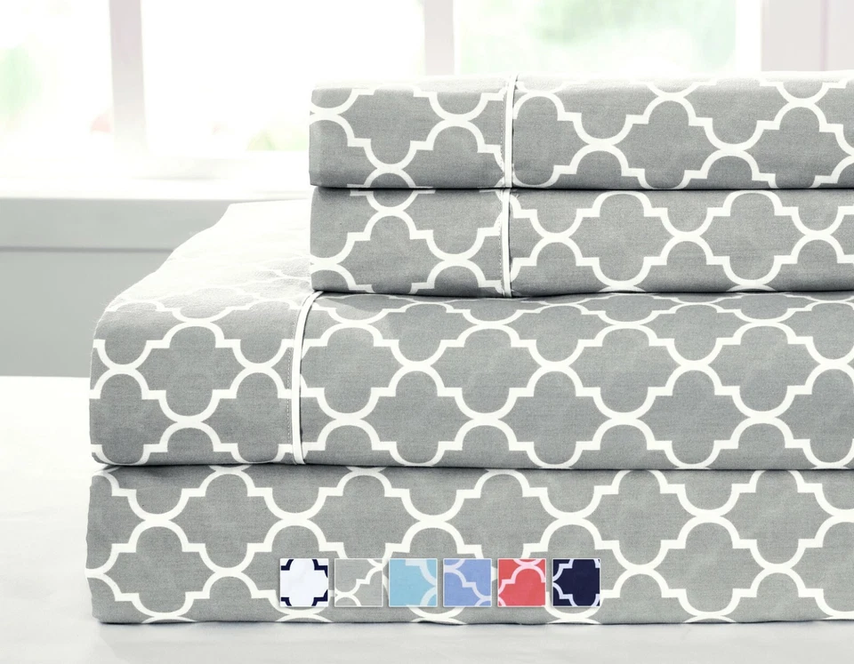 ROYAL TRADITION King Size 4PC Printed Meridian 100% Cotton Percale Weave 250TC Sheets Sets