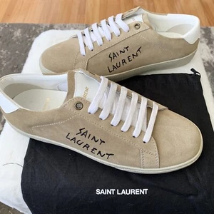 NEW YSL Saint Laurent Leather Logo Embroidered Tan Beige Suede Sneakers 38.5 - Picture 1 of 10