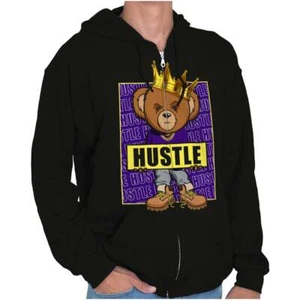 Cool Urban Streetwear Hustle King Teddy Bear Sweatshirt Zip Up Hoodie Men Women - Picture 1 of 7