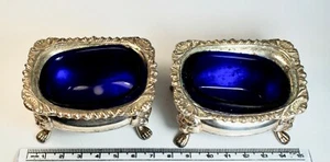 Pair of EPNS Mustard Pots Condiment set with Cobalt Blue Glass Inserts - Picture 1 of 5