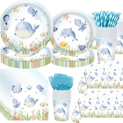 146 PIEZAS Suministros para fiestas bajo el mar, Sirve 24, Platos, Tazas, Servilletas, Océano Foto 1 de 4