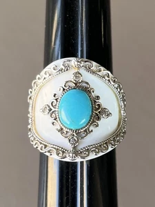 Elizabeth Adams EA Sterling Silver Turquoise Stone White Agate Band Ring Sz 10 - Picture 1 of 21