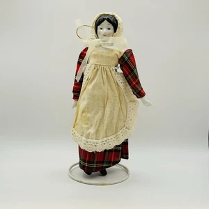 Vintage Porzellan Puppe 7 1/2" kariert weiß bunt Kleid Weihnachtsschmuck - Bild 1 von 8