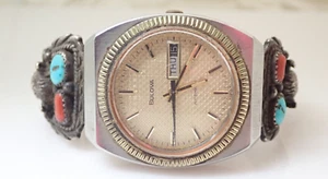 Navajo Buffalo Turquoise Coral Sterling Bulova Wristwatch Watch Band Lug Ends - Picture 1 of 6