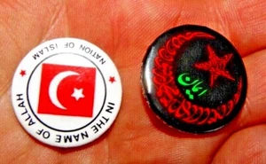 VINTAGE LOT OF 2 PINBACKS NATION OF ISLAM THE NAME OF ALLAH CRESCENT STAR FLAG - Bild 1 von 5
