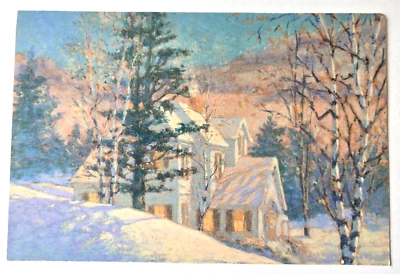 Tarjeta postal vintage de Navidad bonita escena de invierno abedul árbol casa Foto 1 de 2