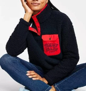 $99 Tommy Jeans Hilfiger Logo Pocket 1/4 Snap Fleece Sherpa Pullover Sweater XL - Picture 1 of 8