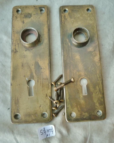 Door Knob Back Plates (pr) Old Patina Brass Plated Mission 5 3/4"h x 1 3/4"w Cover