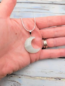 Natural Amazonite Crescent Moon Pendant Necklace: 925 Sterling Silver Chain - Picture 1 of 7