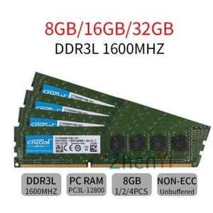 Crucial 32GB 16GB 8GB DDR3L 1600MHz PC3L-12800U 1.35V DIMM Desktop Memory LOT AB - Picture 1 of 15