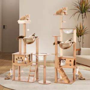 Petzly Wooden Cat Tree Tower Scratching Post Scratcher Condo House Bed 143/150cm - Picture 1 of 26