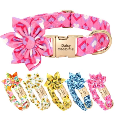 Cute Personalized Dog Cat Collar with Removable Flower Nylon Pet Name Engraved - Image 1 of 4
