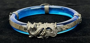 Blue Glass Bangle Metal Overlay Dragon, Phoenix Unsigned 7 3/4" Asian Rare VTG - Picture 1 of 8