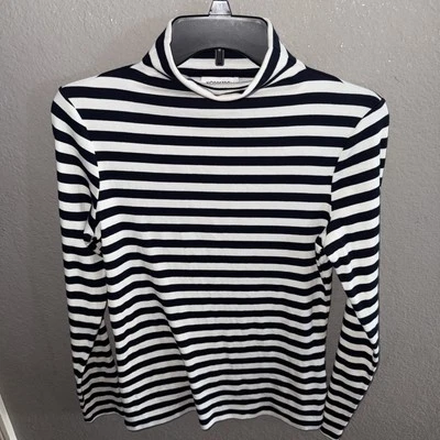Nordstrom brand Women's Medium Navy and White Striped Turtle Neck Shirt  - Image 1 of 4