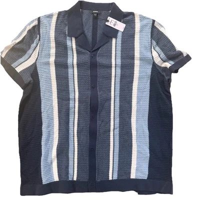 Men’s Express Blue Stripe 100% Cotton Button Closure Short Sleeve T-shirt - Image 1 of 4