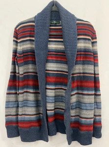 Lauren Ralph Lauren Shawl Collar Open Cardigan Sweater Blue Red Stripe Womens M - Picture 1 of 7