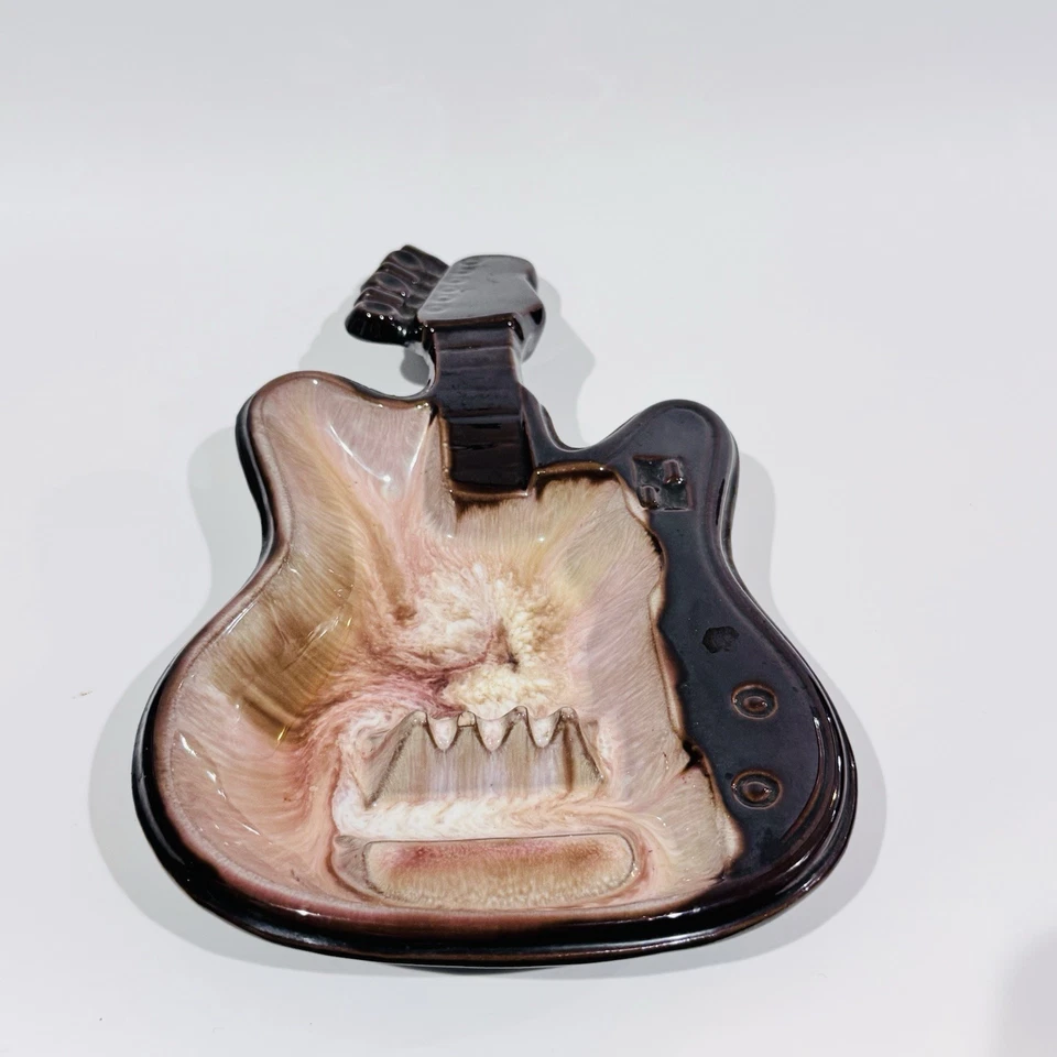 Vintage 70s Brinn's Brown & Pink Glaze Pottery Guitar Shaped Wall Hanging Decor - Image 1 of 4