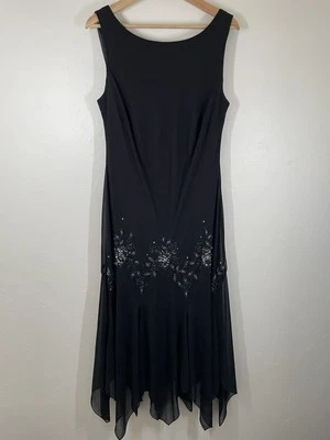 Vintage Y2K 90s Midi Beaded Black Sheer Asymmetrical Scarf Hem Dress Sz 14W - Image 1 of 4