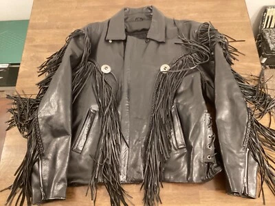 CHAQUETA DE MOTOCICLISTA DE CUERO NEGRA CON FLECOS GALERÍA DE CUERO RARA PARA HOMBRE TALLA XXL Foto 1 de 4