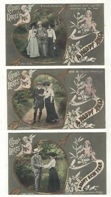 3 Romantic Vintage Greetings Postcards Cupid's Darts Arrow Through Heart - Image 1 of 4