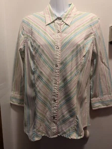 Faded Glory Women's Medium Stretch White Pastel Stripe Snap Front 3/4 Sleeve... - Picture 1 of 12