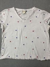 CYNTHIA ROWLEY White Patriotic Tee Shirt Top Embroidered Red Blue Stars Large