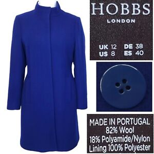 Hobbs London Coat XS Small Athena Cobalt Blue Wool Winter Fitted Dress Knee 