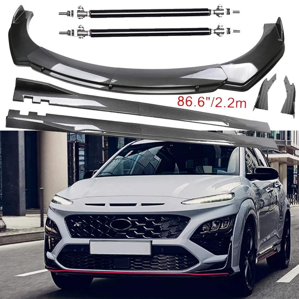 For Hyundai Kona V Carbon Fiber Front Bumper Lip Spoiler 86.6" Side Skirt Kit Foto 1 de 4