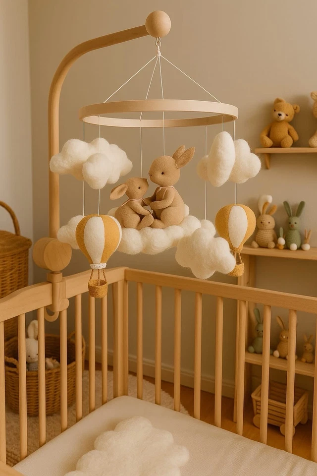 Celular de feltro feito à mão para bebês com nuvens de coelhos e balões de ar quente | Decoração de berço - Imagem 1 de 4