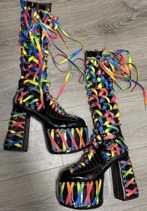 EUC 6 Club Exx Rude Awakening Platform Boots Black Rainbow Pride Lace Up Boots - Picture 1 of 6