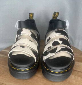 Dr Doc Martens Blaire Platform Sandals Womens 7 Black White Cow Print Calf Hair - Picture 1 of 9