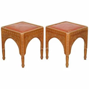 PAIR OF ANTIQUE VICTORIAN HAND CARVED 19TH CENTURY ASETHETIC MOVEMENT STOOLS - Picture 1 of 12