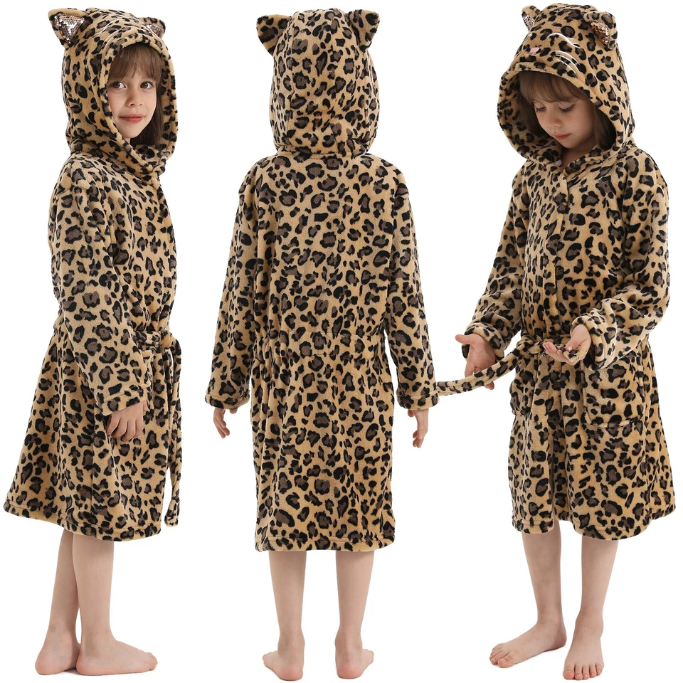 Lindo albornoz de felpa suave con capucha de felpa leopardo gato para niñas 3 años-12 años Foto 1 de 1