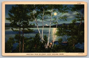 Postal de lino vintage saludos desde Belgrado Lakes Maine escena a la luz de la luna - Imagen 1 de 2