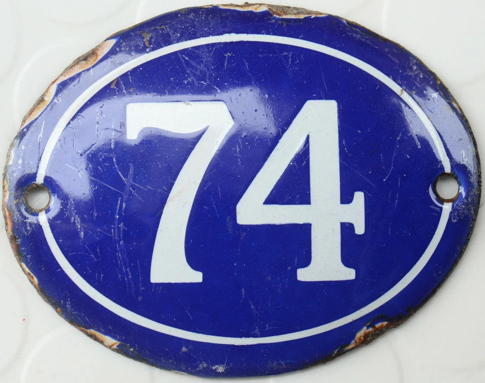 Old blue oval French house number 74 door gate plate plaque enamel steel sign - Image 1 of 1