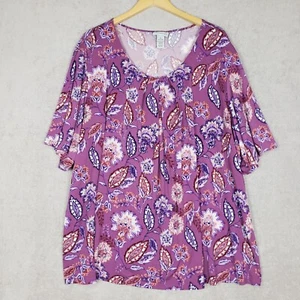 Top tejido plisado floral Catherines para mujer talla grande 4X púrpura corto Slv elástico - Imagen 1 de 8