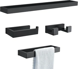 TNOMS Black Towel Bar Set, 4-Pieces Bathroom Hardware Set Modern Bathroom Towel - Picture 1 of 7