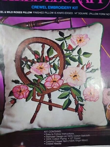 NIP 1975 Crewel Avon Creative Needlecraft Spinning Wheel & Roses Pillow Kit - Picture 1 of 10