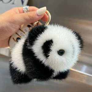 13cm/5" Cute Real Mink Fur Panda Bear Kids Toy Keyring Bag Charm Phone Pendant - Picture 1 of 8