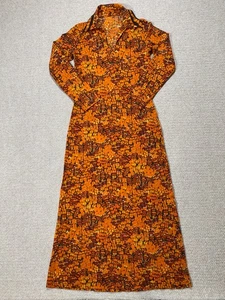 Vintage 1970s Maxi Dress Womens 8 UK Orange Floral 70s Dagger Collar Boho Hippie - Picture 1 of 10