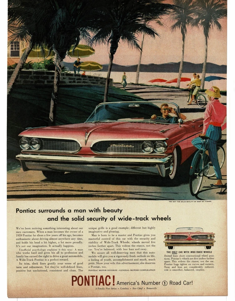 1959 Pontiac Catalina Bonneville rosa conversível na praia arte impressão anúncio - Imagem 1 de 1