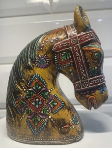 Vintage Wooden Handmade Horse Head Figurine  6" x 4"  Multicolor Hand Painted - Picture 1 of 5