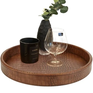 Faux Leather Round Serving Tray, Vegan Croco Leather Decorative Food Tray for... - Picture 1 of 9
