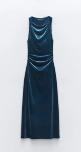 Zara Velvet Midi Dress Size XL Blue - Picture 1 of 5