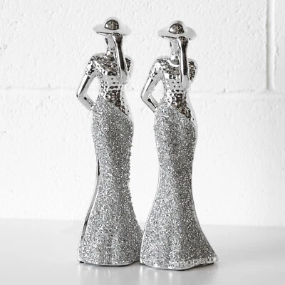 Set of 2 Elegant Lady Figure Tall 30cm Silver Ceramic Decorative Shelf Ornaments - Image 1 of 4