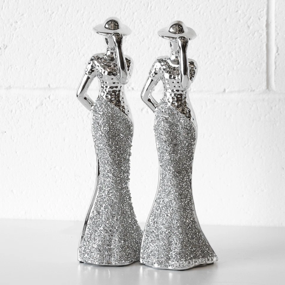 Set of 2 Elegant Lady Figure Tall 30cm Silver Ceramic Decorative Shelf Ornaments - Image 1 of 4