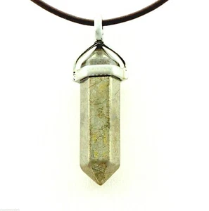 Pyrite Hexagonal Point Necklace Leather Cord Sterling Silver Protection Unisex - Picture 1 of 3